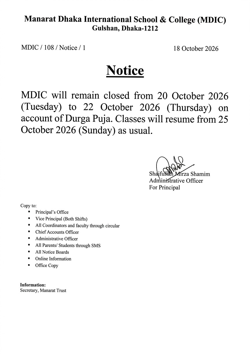 Notice for Durga Puja 2026